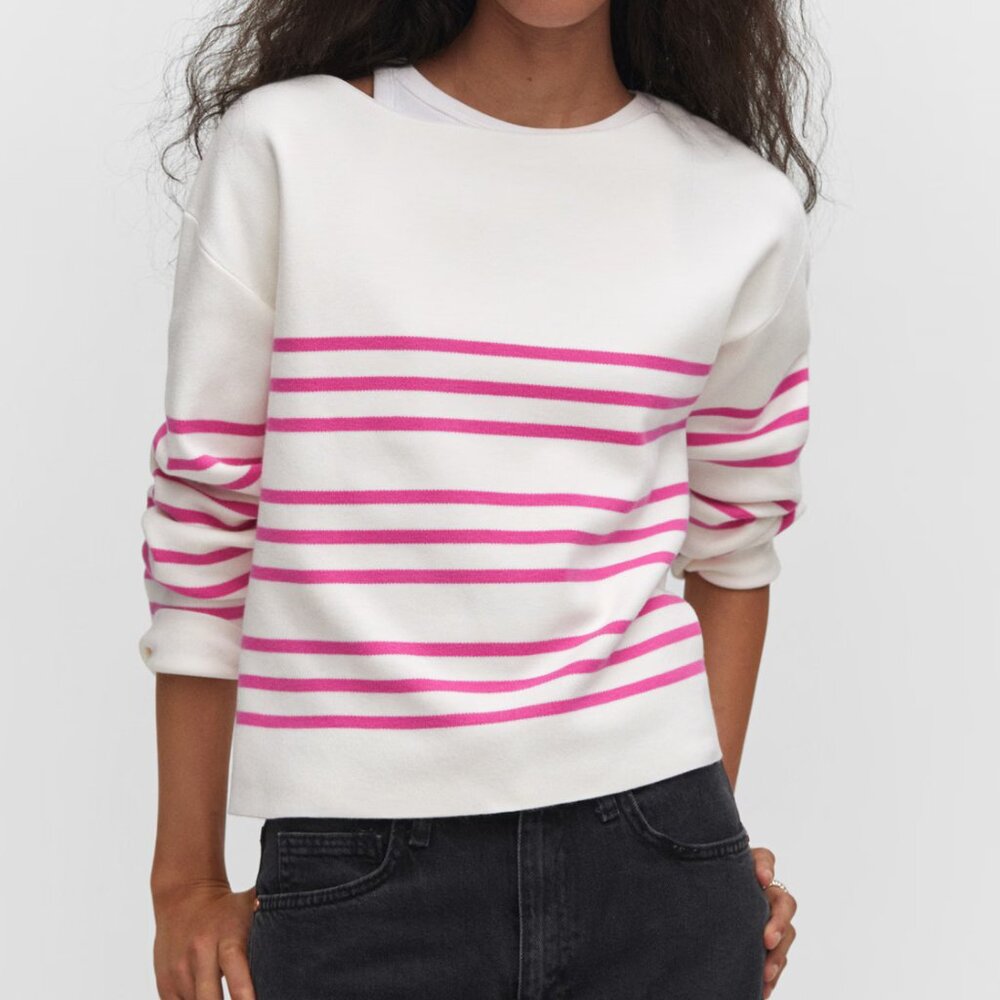 Mango White w/ Fuchsia Stripes Boat-Neck Knitted Sweater/NWT/XXL - Picture 1 of 14